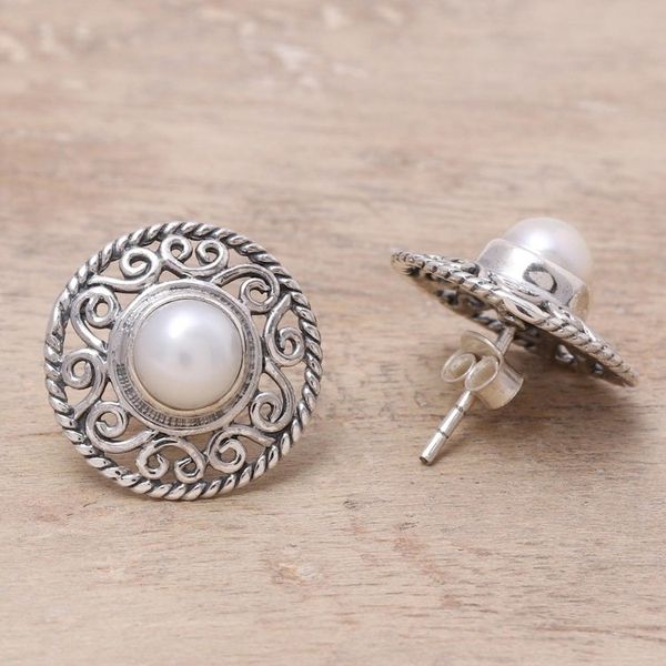 Alternate image for Cultured Pearl Sterling Silver Scrollwork Button Earrings Crowned Moonlight