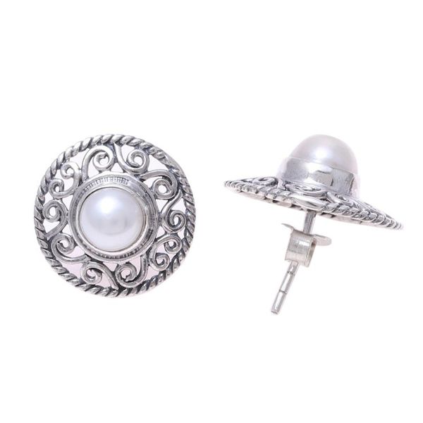 Alternate image for Cultured Pearl Sterling Silver Scrollwork Button Earrings Crowned Moonlight