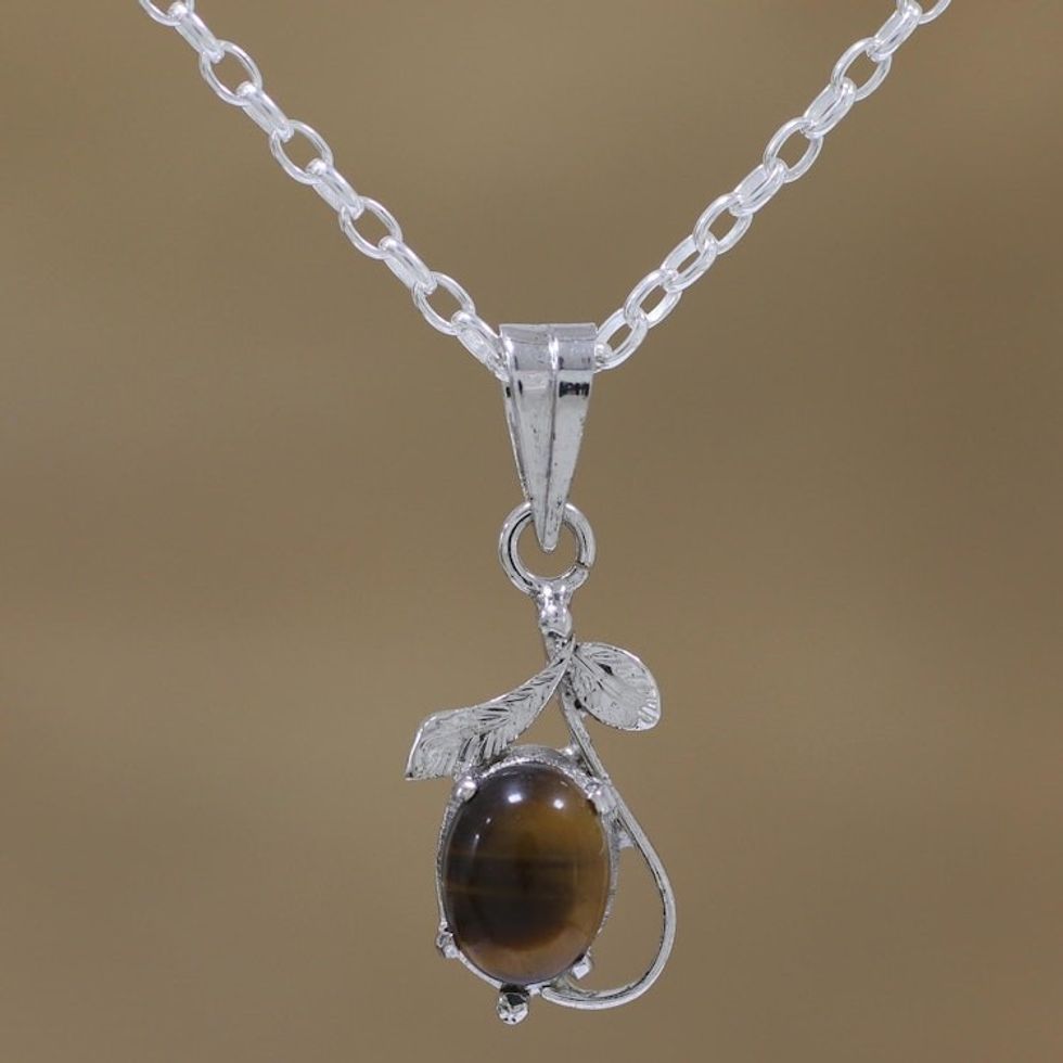 Rhodium Plated Tiger's Eye Leaf Necklace from India 'Forest Earth'