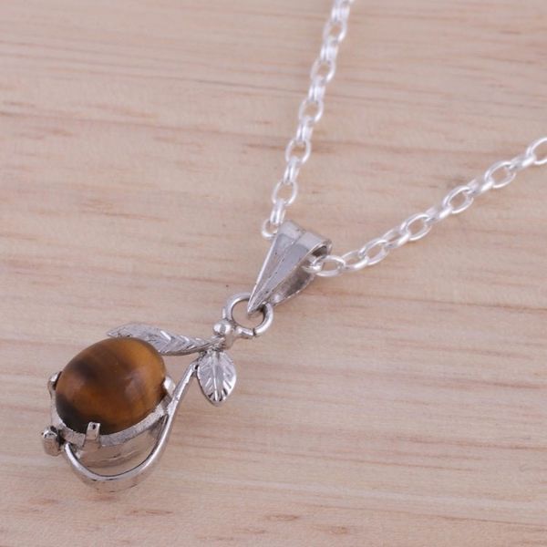 Alternate image for Rhodium Plated Tigers Eye Leaf Necklace from India Forest Earth