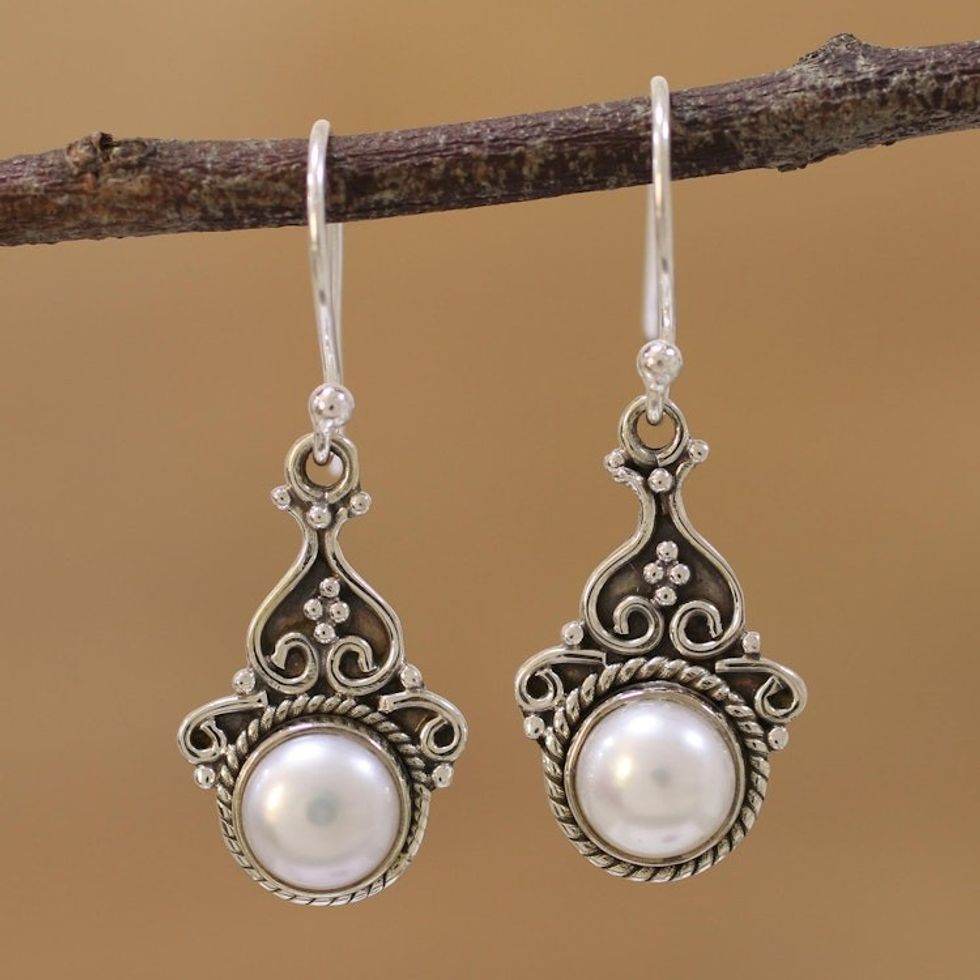Cultured Pearl Sterling Silver Dangle Earrings from India 'Crowned Charm'