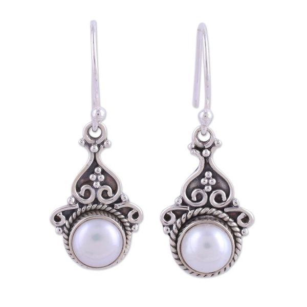 Alternate image for Cultured Pearl Sterling Silver Dangle Earrings from India Crowned Charm