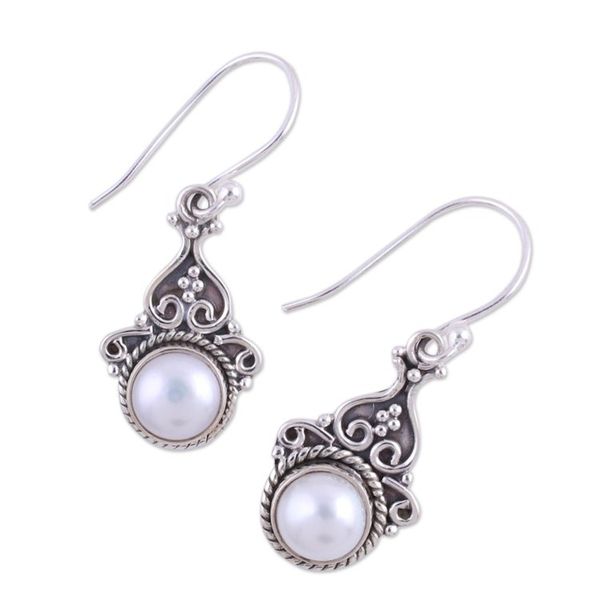 Alternate image for Cultured Pearl Sterling Silver Dangle Earrings from India Crowned Charm