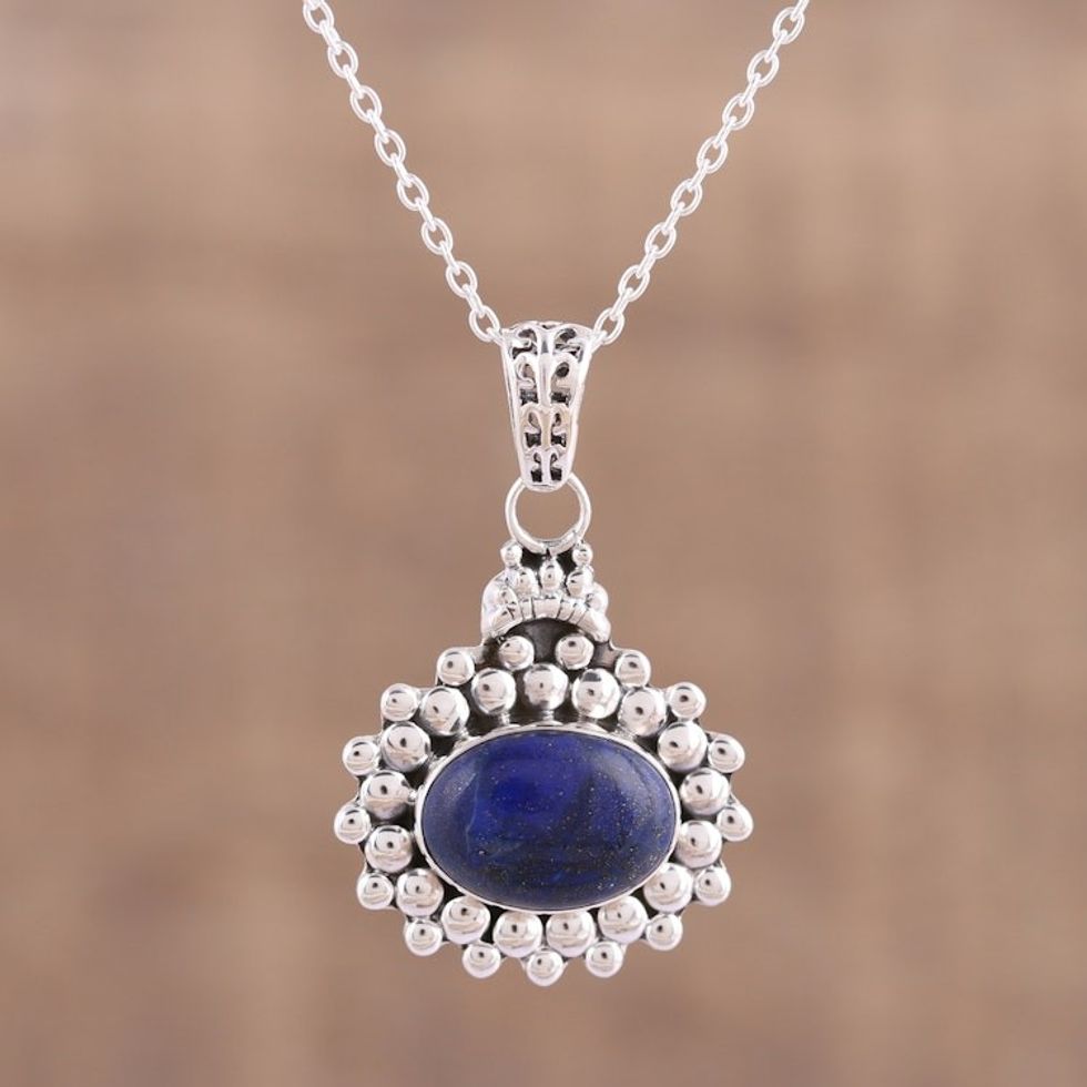 Lapis Lazuli and Sterling Silver Pendant Necklace from India 'Jewel of Jaipur'