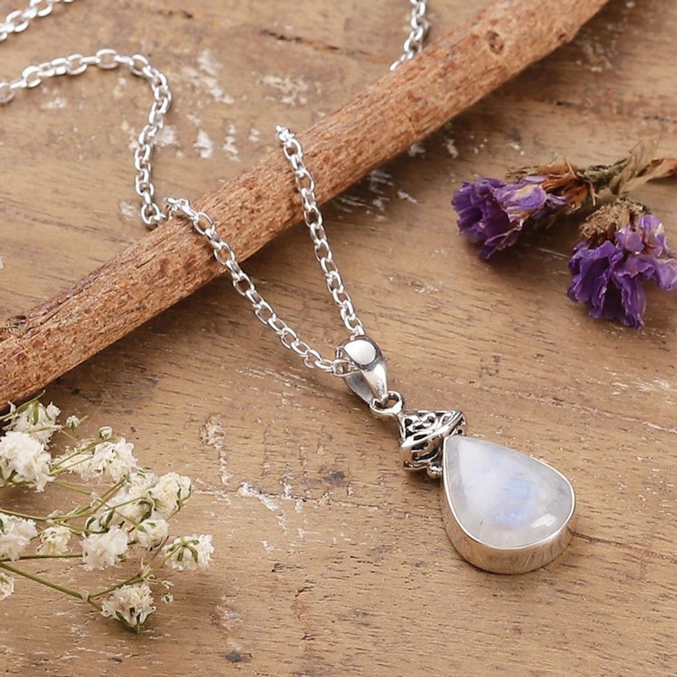 Rainbow Moonstone and Sterling Silver Pendant Necklace 'Icy Droplet'