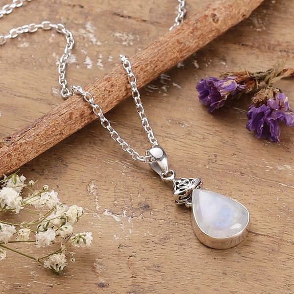 Alternate image for Rainbow Moonstone and Sterling Silver Pendant Necklace Icy Droplet