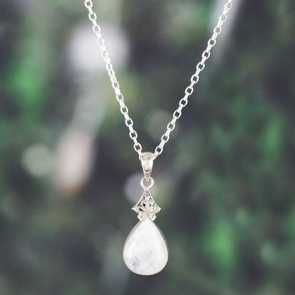 Alternate image for Rainbow Moonstone and Sterling Silver Pendant Necklace Icy Droplet