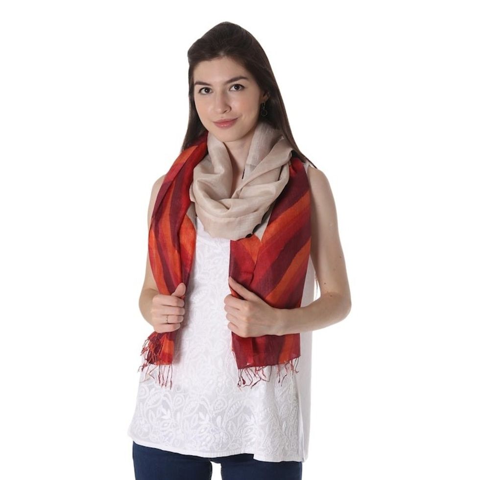 Block Printed Fringed Wave Motif Silk Shawl from India 'Fantastic Waves'