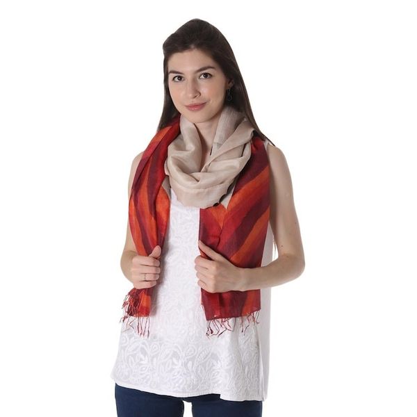 Alternate image for Block Printed Fringed Wave Motif Silk Shawl from India Fantastic Waves