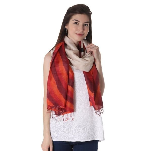 Alternate image for Block Printed Fringed Wave Motif Silk Shawl from India Fantastic Waves