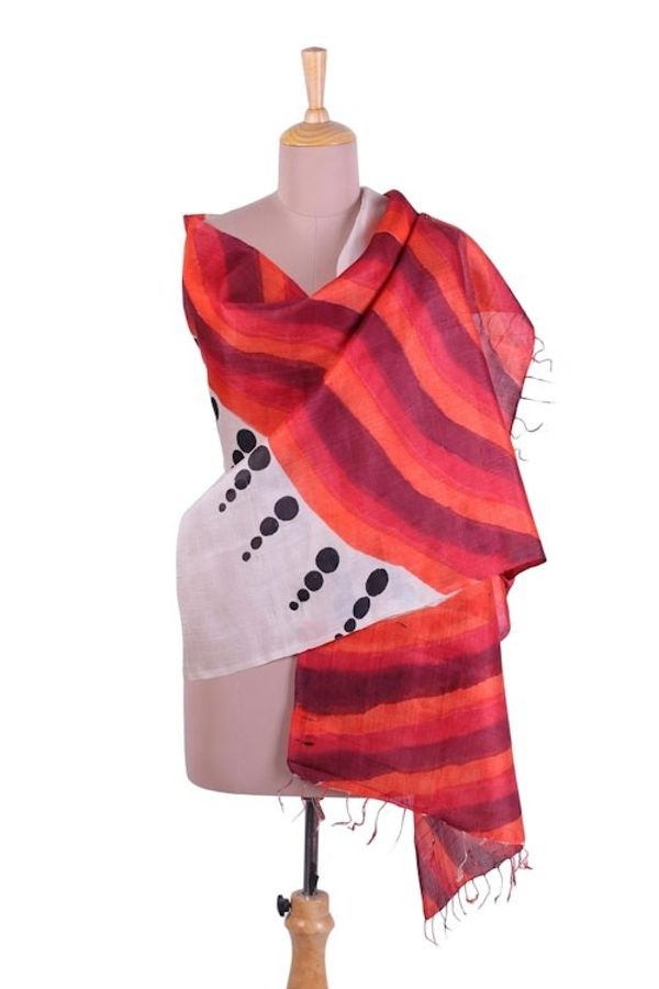 Alternate image for Block Printed Fringed Wave Motif Silk Shawl from India Fantastic Waves