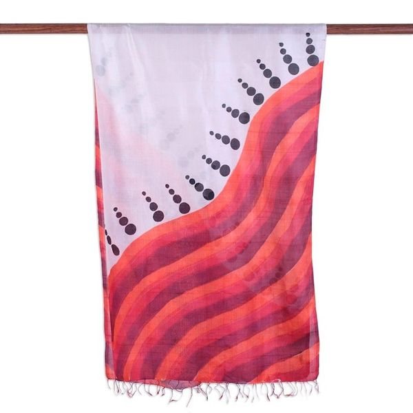 Alternate image for Block Printed Fringed Wave Motif Silk Shawl from India Fantastic Waves