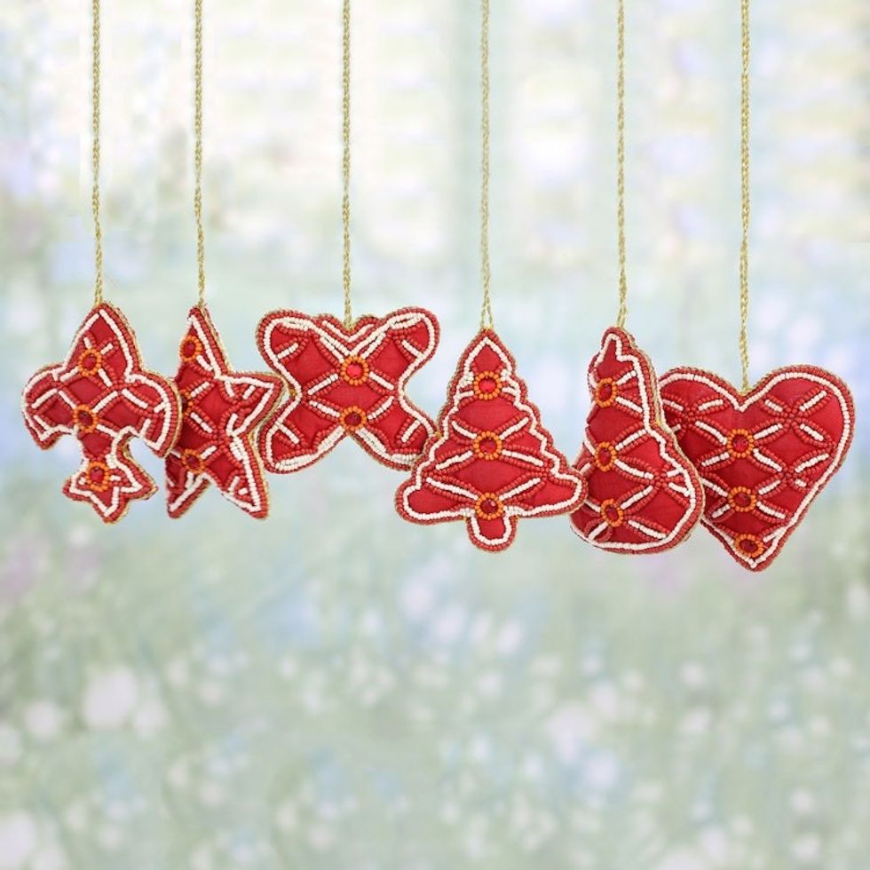 Set of Six Beaded Christmas Ornaments in Red from India 'Christmas Party in Red'