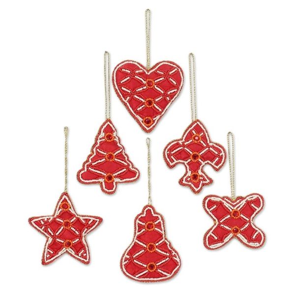 Alternate image for Set of Six Beaded Christmas Ornaments in Red from India Christmas Party in Red