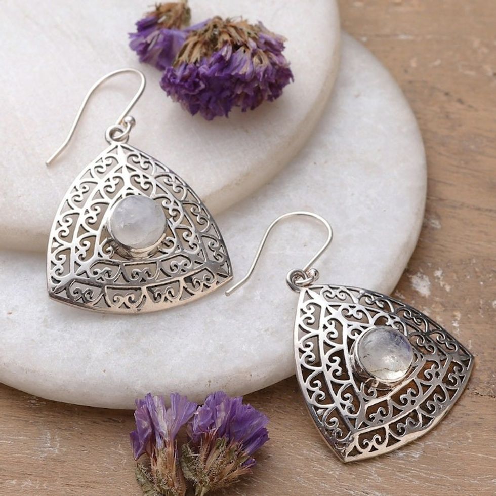 Rainbow Moonstone and Sterling Silver Dangle Earrings 'Jali Frieze'