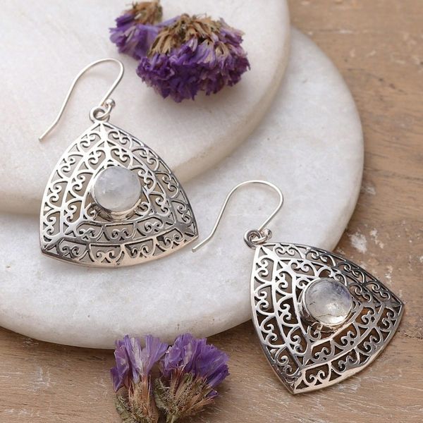 Alternate image for Rainbow Moonstone and Sterling Silver Dangle Earrings Jali Frieze