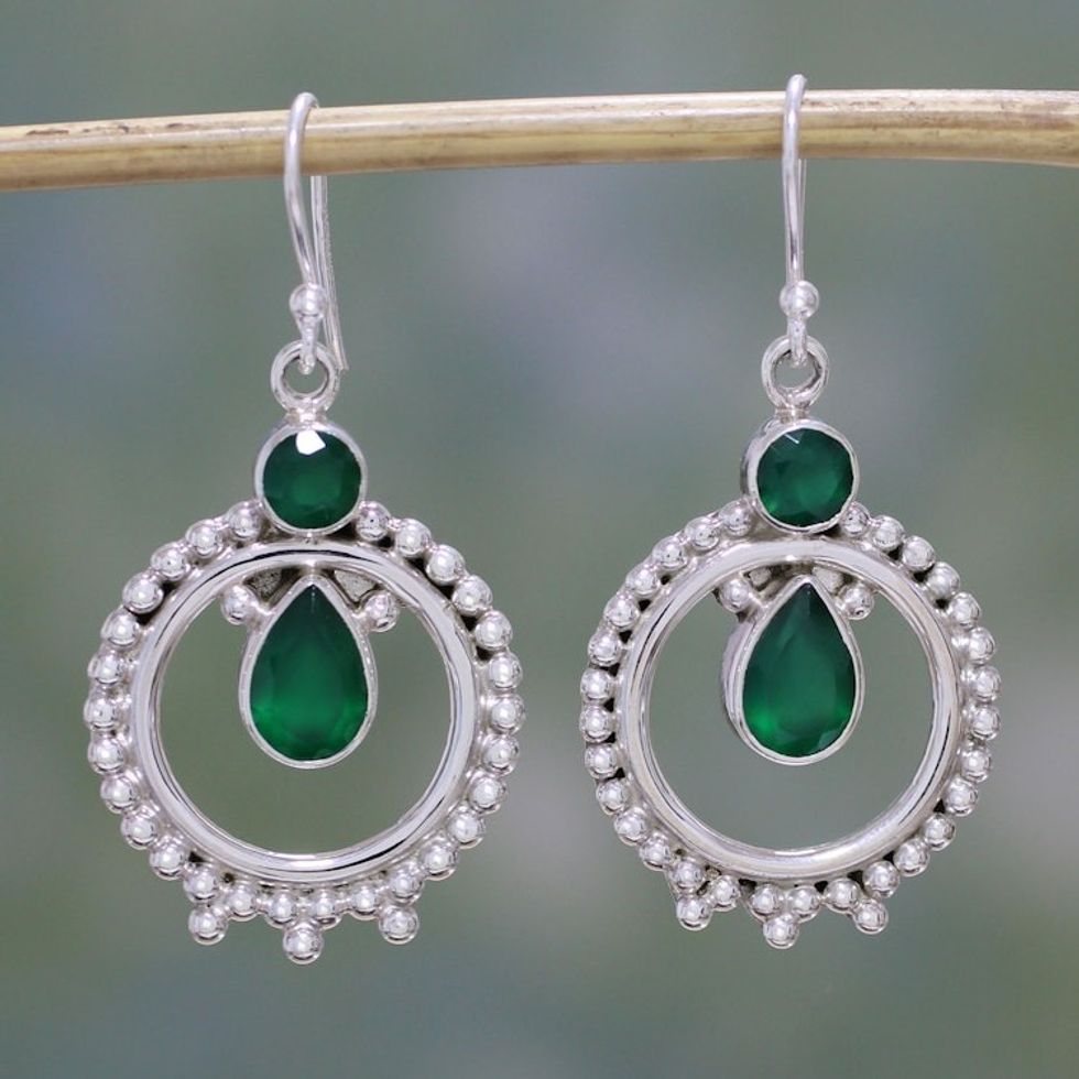 Green Onyx and Sterling Silver Dangle Earrings from India 'Regal Circles'