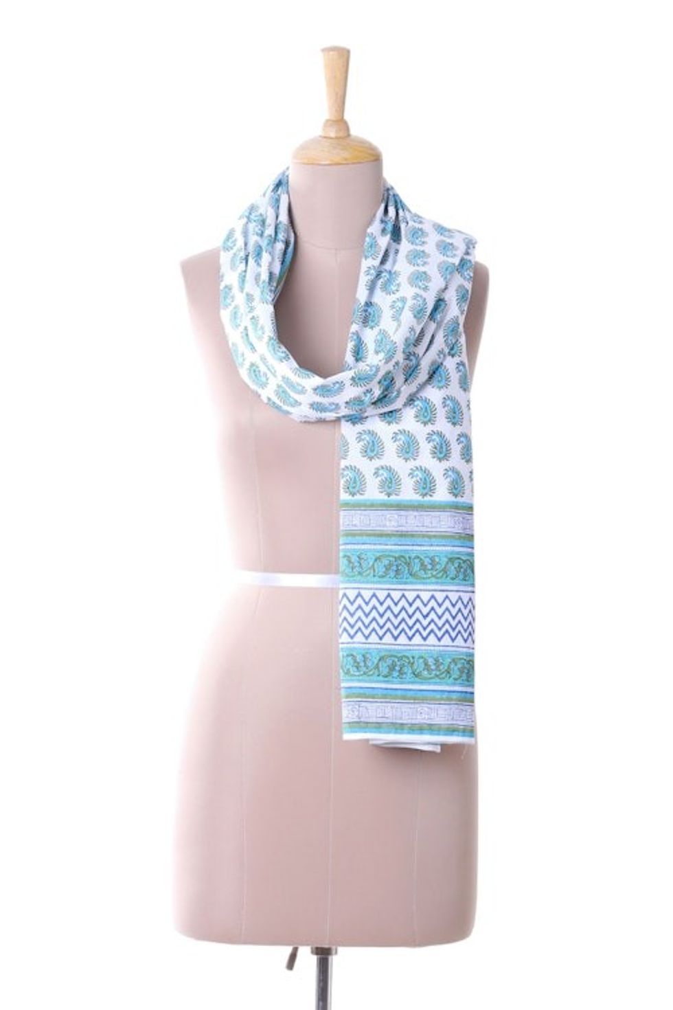 Blue White and Green Paisley Chevron Vines Cotton Scarf 'Paisley Elegance'