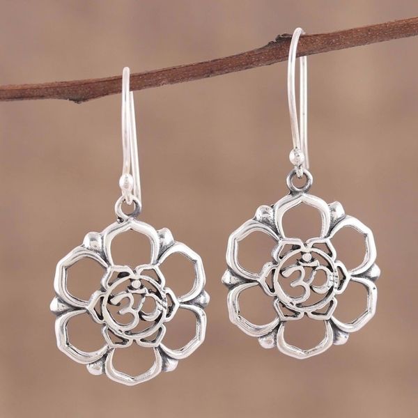 Alternate image for Sterling Silver Floral Om Symbol Dangle Earrings Floral Om