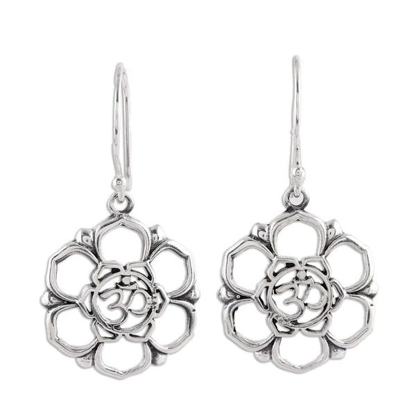 Alternate image for Sterling Silver Floral Om Symbol Dangle Earrings Floral Om