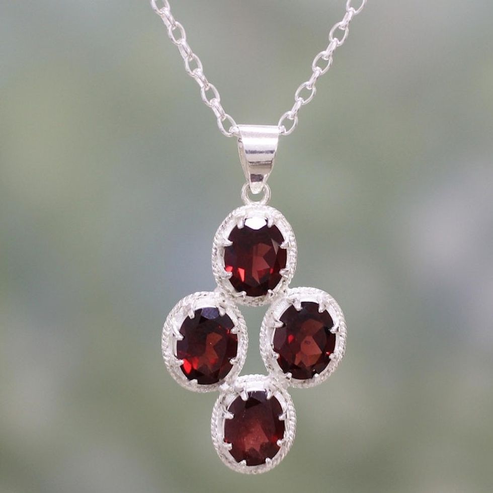 Modern Garnet and Sterling Silver Necklace from India 'Morning Crimson'