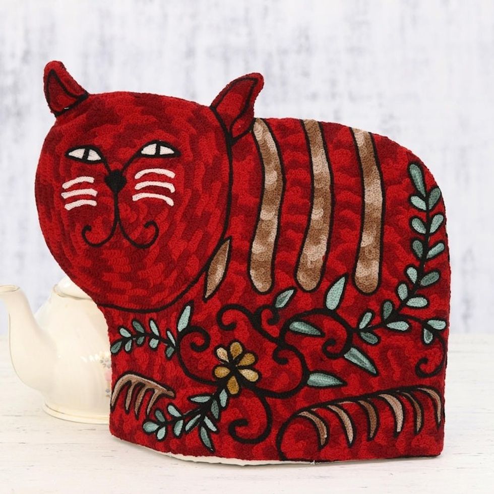 Cat-Shaped Aari Embroidered Wool Tea Cozy in Red from India 'Delightful Cat in Red'