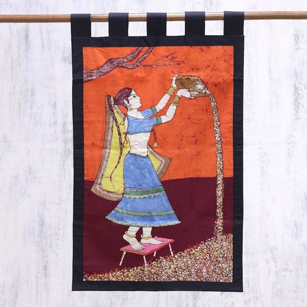 Batik Cotton Wall Hanging of Agricultural Woman from India 'Rural Chores'