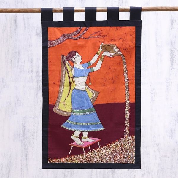 Alternate image for Batik Cotton Wall Hanging of Agricultural Woman from India Rural Chores