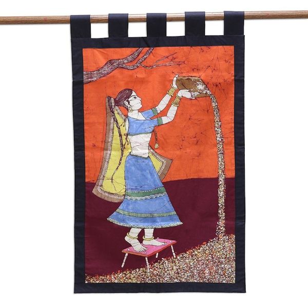 Alternate image for Batik Cotton Wall Hanging of Agricultural Woman from India Rural Chores