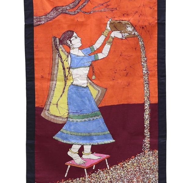 Alternate image for Batik Cotton Wall Hanging of Agricultural Woman from India Rural Chores