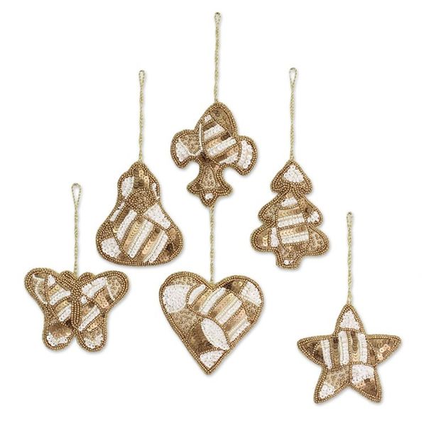 Alternate image for Set of Six Beaded Christmas Ornaments in Gold and White Christmas Party in Gold
