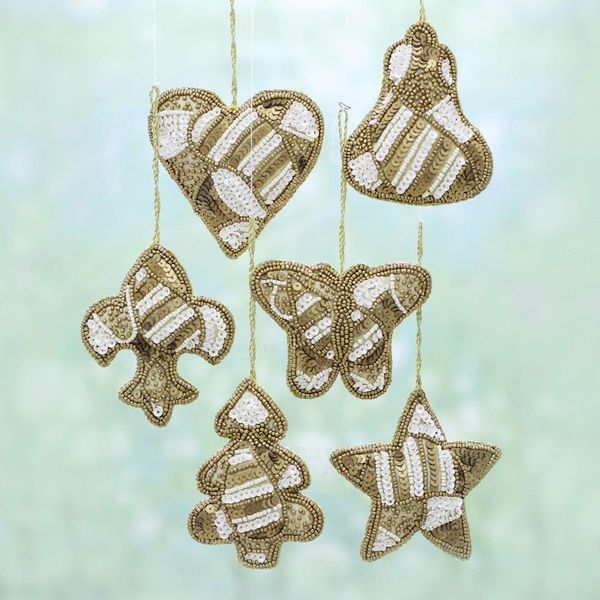Alternate image for Set of Six Beaded Christmas Ornaments in Gold and White Christmas Party in Gold