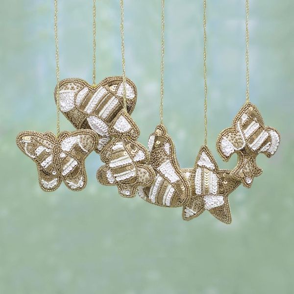 Alternate image for Set of Six Beaded Christmas Ornaments in Gold and White Christmas Party in Gold