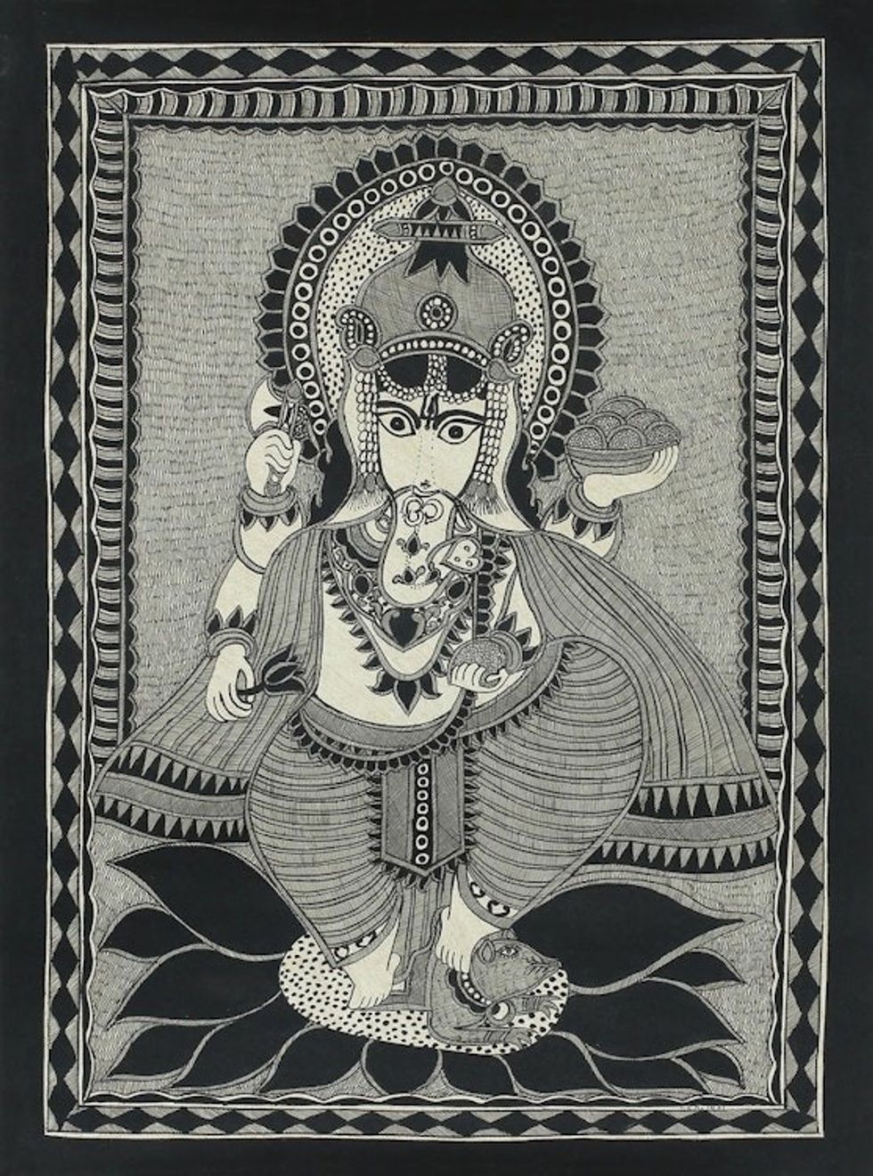 Freehand India Madhubani Folk Art Painting in Grey and Black 'Ganeshas Feast'