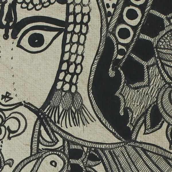 Alternate image for Freehand India Madhubani Folk Art Painting in Grey and Black Ganeshas Feast