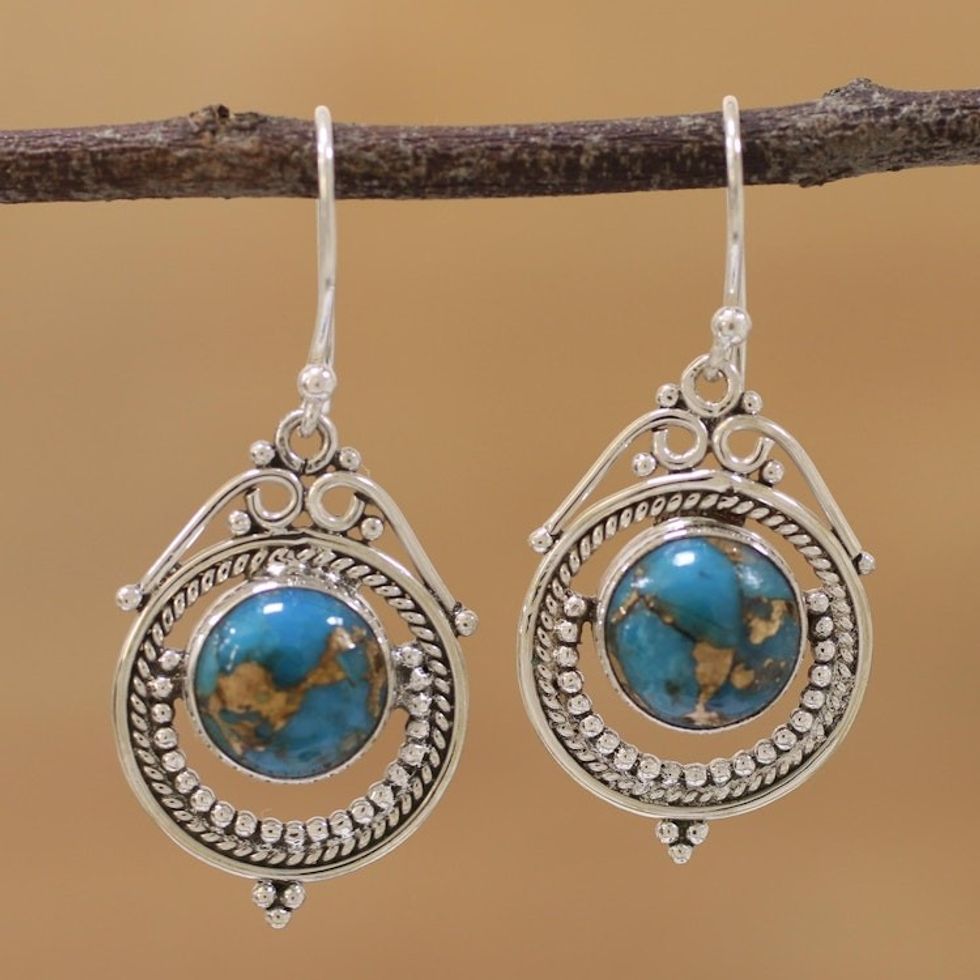 Sterling Silver and Composite Turquoise Earrings from India 'Elegant Globes'