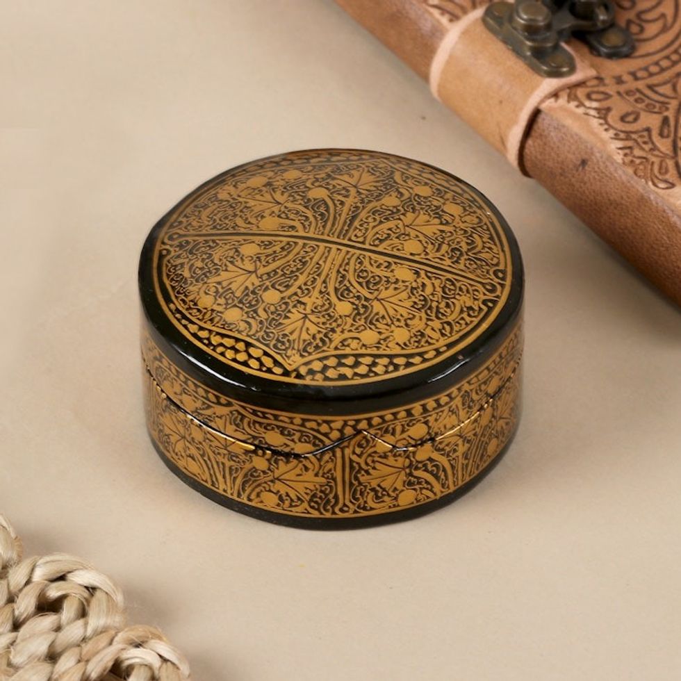 Gold and Black Papier Mache Decorative Box from India 'Graceful Grandeur'