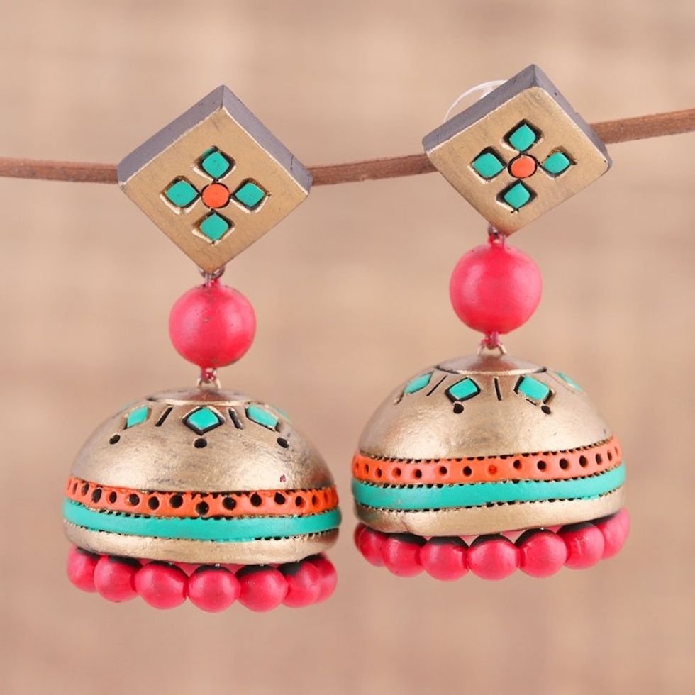 Ceramic Dangle Earrings Handcrafted in India 'Golden Luxury'