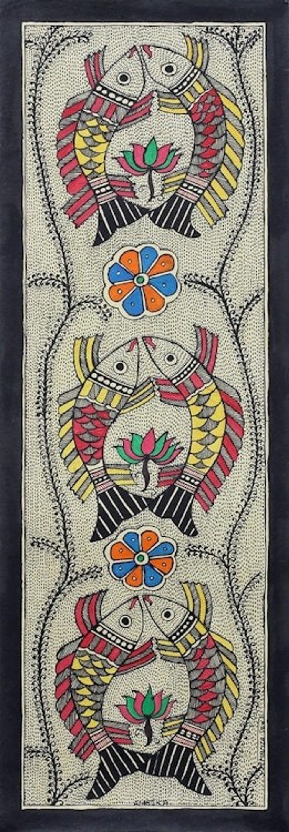 Signed Colorful Madhubani Fish Painting from India 'Aquatic Bond I'