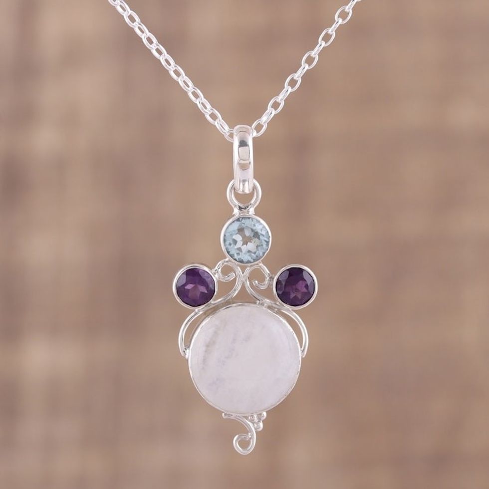 Multi-Gemstone Sterling Silver Pendant Necklace from India 'Alluring Trinity'
