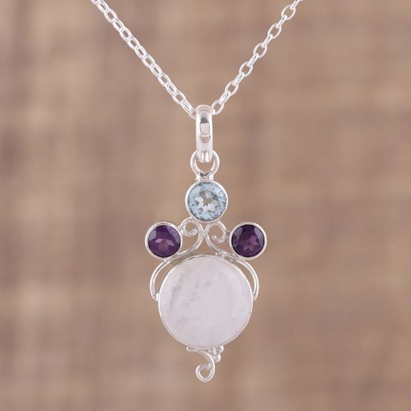 Alternate image for Multi-Gemstone Sterling Silver Pendant Necklace from India Alluring Trinity