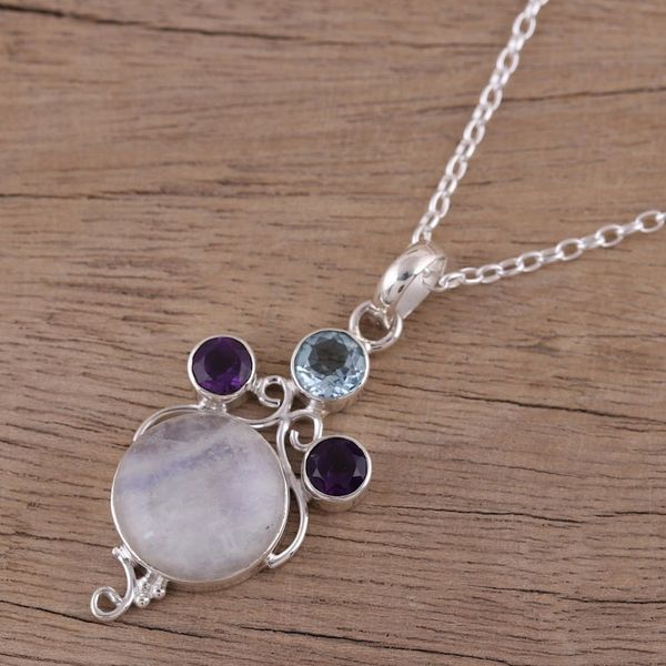 Alternate image for Multi-Gemstone Sterling Silver Pendant Necklace from India Alluring Trinity