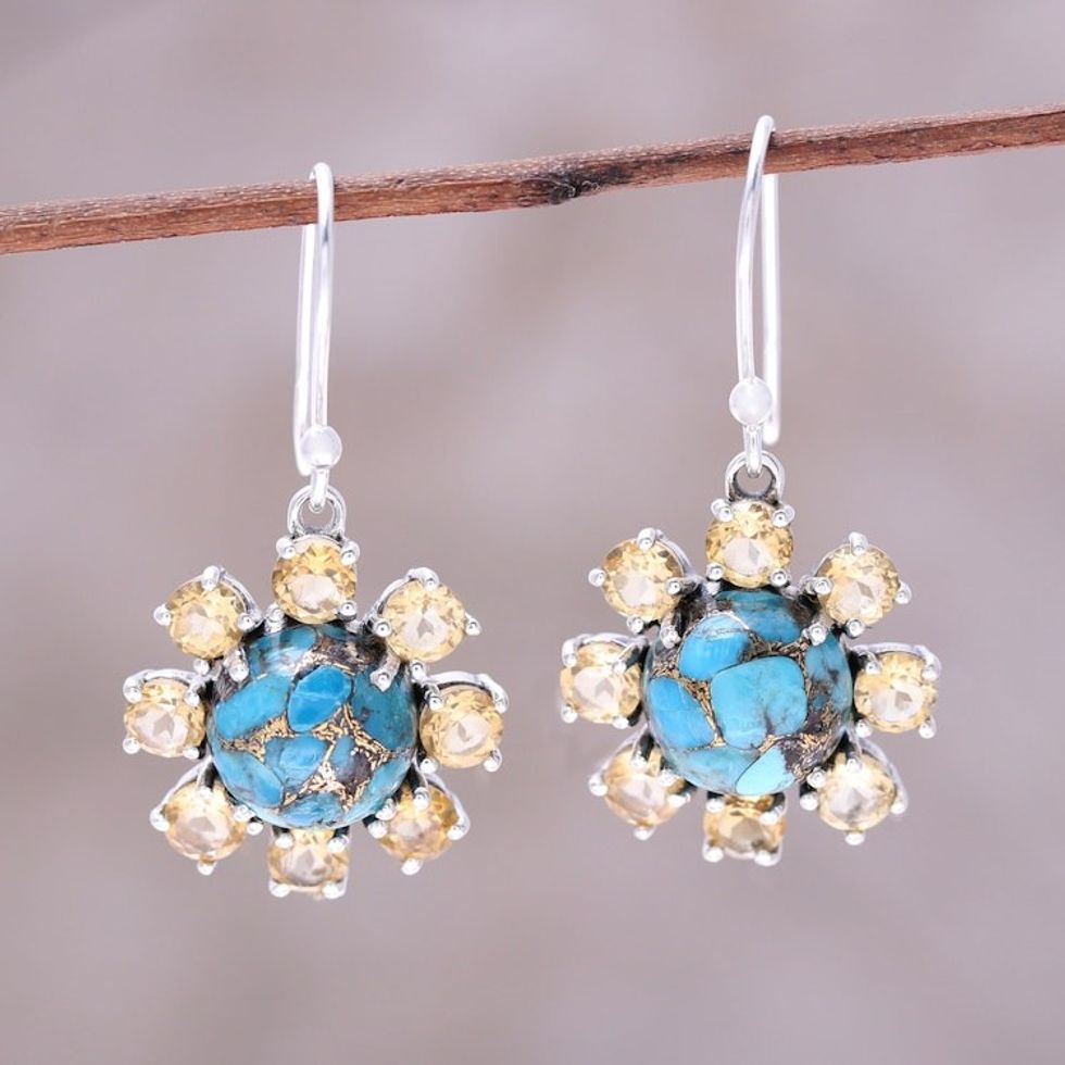Sterling Silver Citrine Old World Floral Dangle Earrings 'Old World Charm'