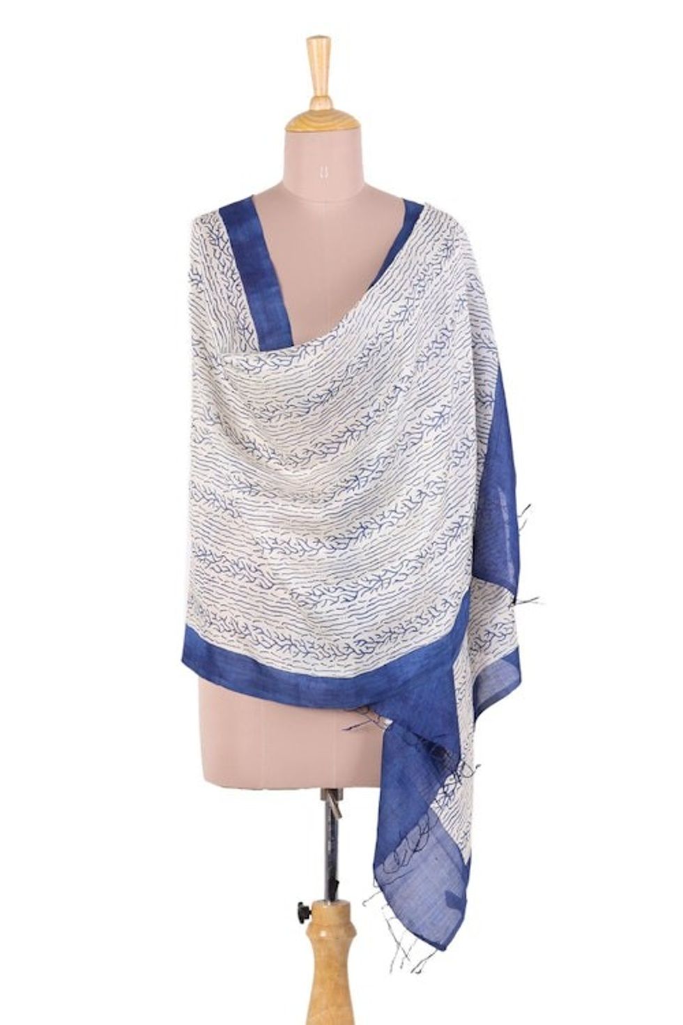 Handwoven Indigo and Ivory Patterned Indian Silk Shawl 'Forest of Bengal'