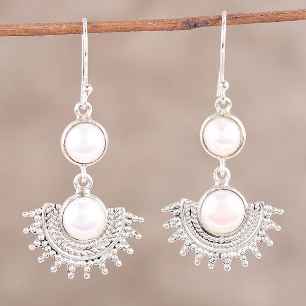 Alternate image for Sterling Silver Round White Cultured Pearl Dangle Earrings Sweetly Radiant