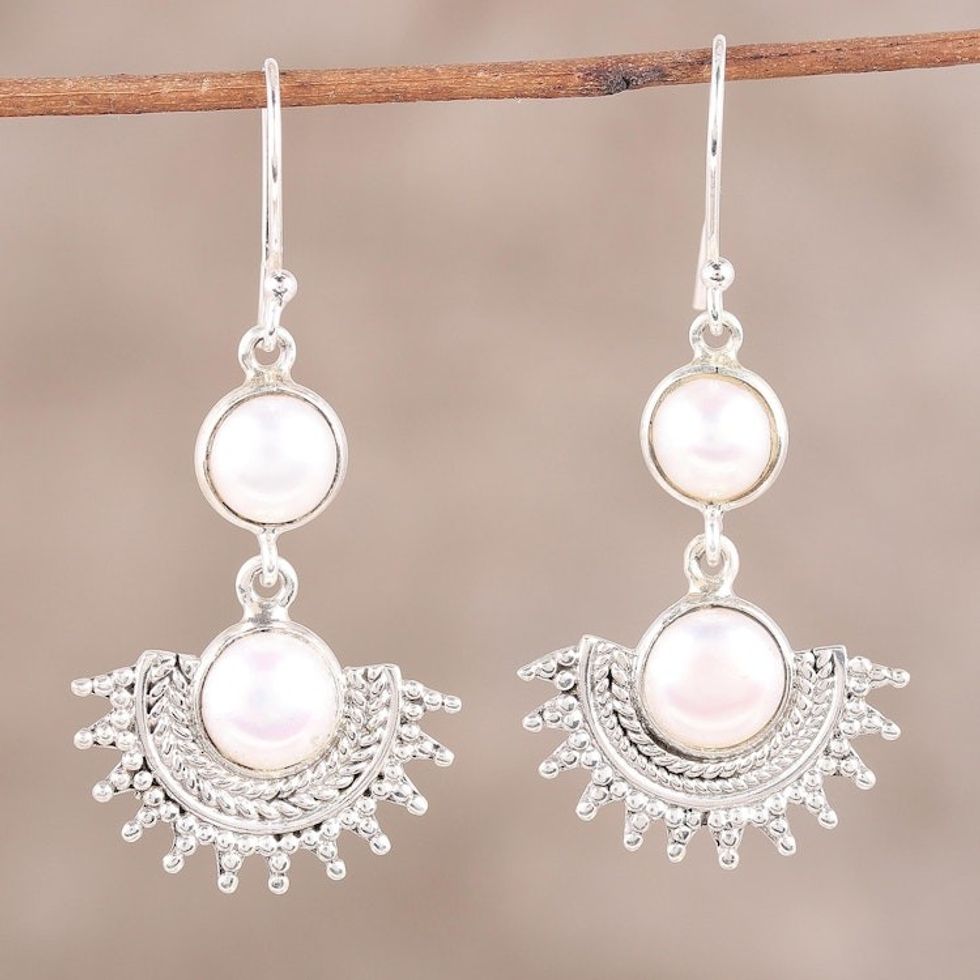 Sterling Silver Round White Cultured Pearl Dangle Earrings 'Sweetly Radiant'