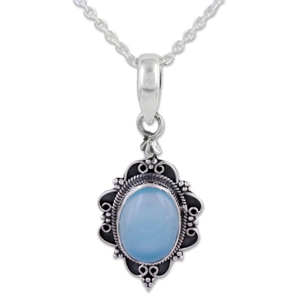 Oval Shaped Chalcedony and Sterling Silver Pendant Necklace 'Blue Damsel'