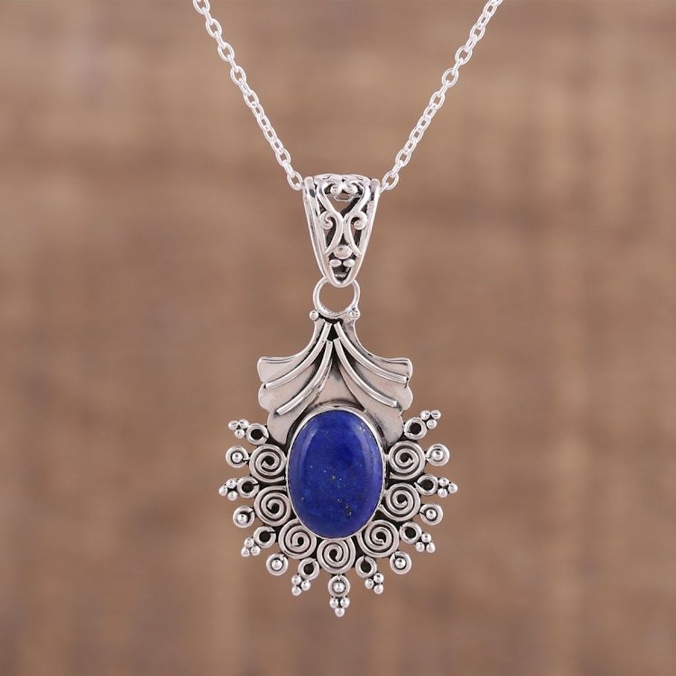 Lapis Lazuli and Sterling Silver Pendant Necklace from India 'Deep Eternity'