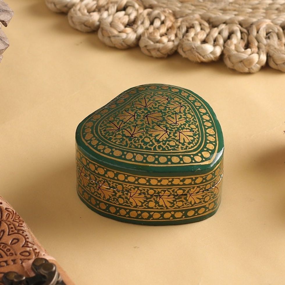 Green and Gold Decorative Papier Mache Box from India 'Royal Viridescence'