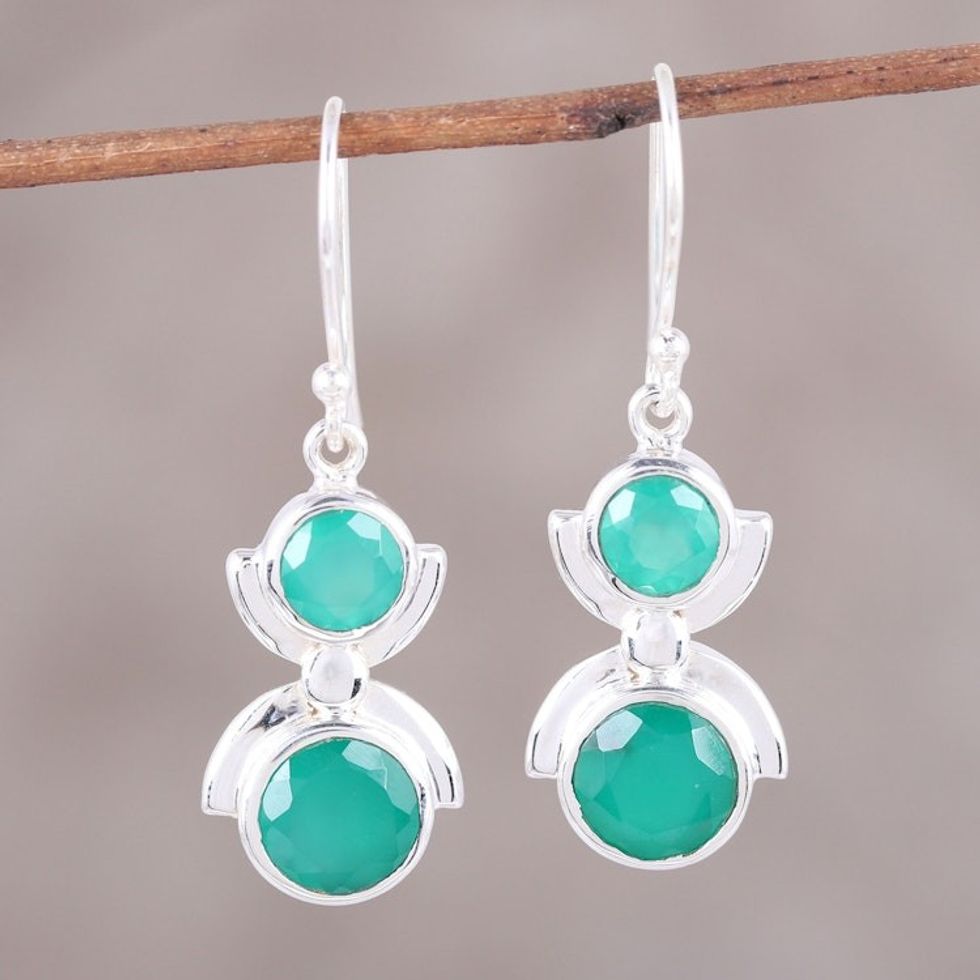 Faceted Green Onyx Sterling Silver Dangle Earrings 'Green Alliance'